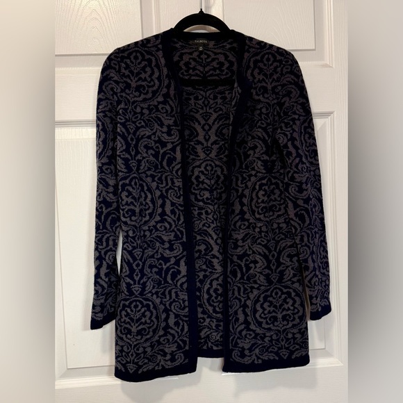 Talbots  XS Navy Blue & Grey Damask Cardigan Cotton Cashmere Blend Open Front - Picture 2 of 6